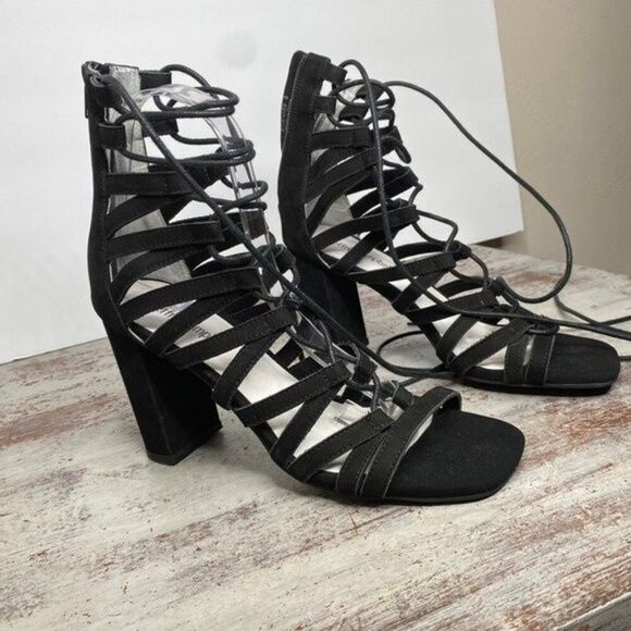 Jeffrey Campbell Stockard Black suede lace up heels 8 Square toe - Picture 2 of 8